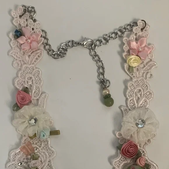 Bib Necklace flapper image glass hand sewn glass beads satin ribbon flowers - Picture 10 of 17